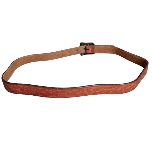 Vintage Hippie Leather Belt 1970's With Brass Buckle 26 27 28 29 Floral Skinny - Picture 4 of 5